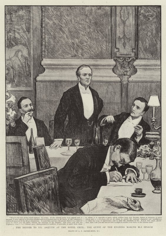 A vacsora Mr. Asquith-nek a Hotel Cecilben, az est vendége, aki beszédet mond alkotó: George Percy Jacomb Hood