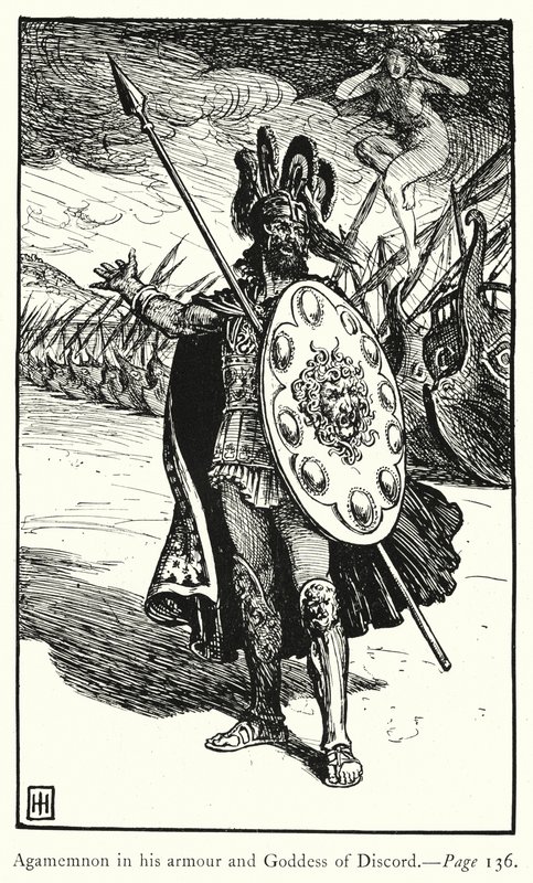 Az Iliász: Agamemnon páncéljában és a viszály istennője (metszet) alkotó: George Percy Jacomb Hood