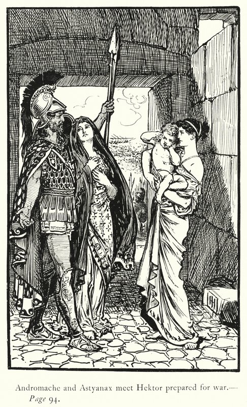 Az Iliász: Andromache és Astyanax találkozik a háborúra készült Hektorral (metszet) alkotó: George Percy Jacomb Hood