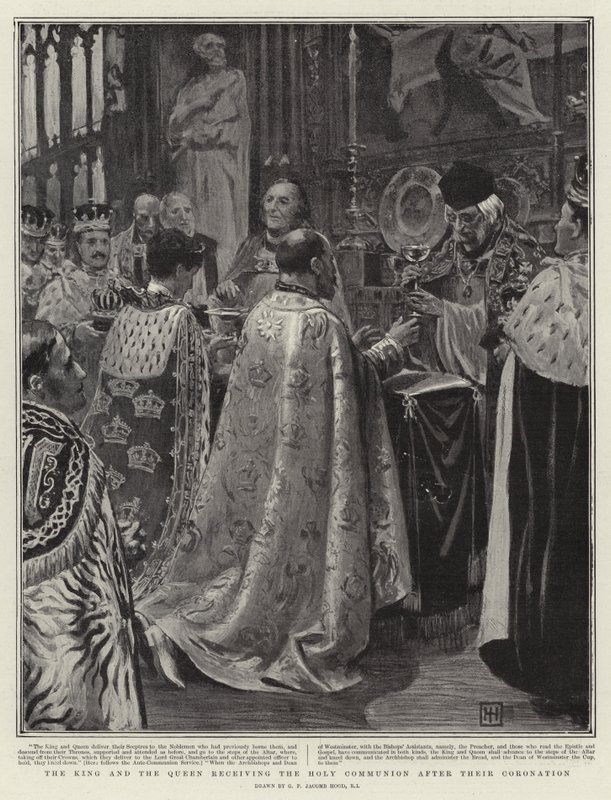 A király és a királynő szentáldozásban részesül a koronázás után alkotó: George Percy Jacomb Hood