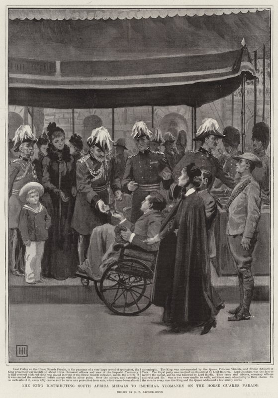 A király Dél-Afrika-érmeket oszt ki a császári lovasságnak a Horse Guards Parade-on alkotó: George Percy Jacomb Hood