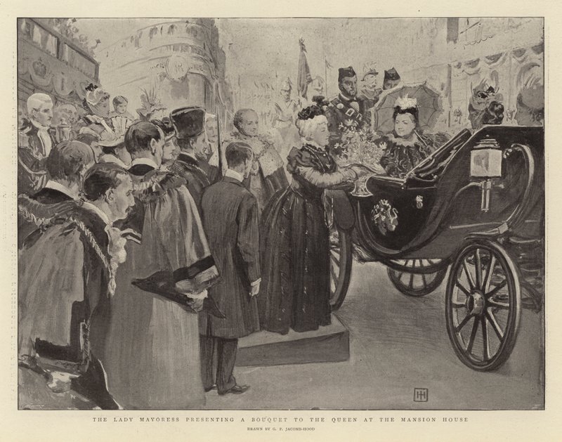 A Polgármesternő Csokrot ad át a Királynőnek a Kúriaházban alkotó: George Percy Jacomb Hood