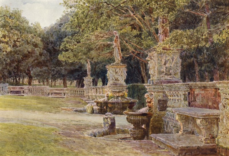 Olasz kertek: Villa Borghese (színes litográfia) alkotó: George Samuel Elgood