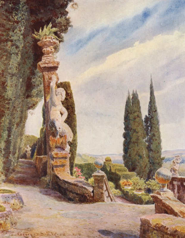 Olasz kertek: A nagy lépcső feje, Villa Garzoni (színes litográfia) alkotó: George Samuel Elgood