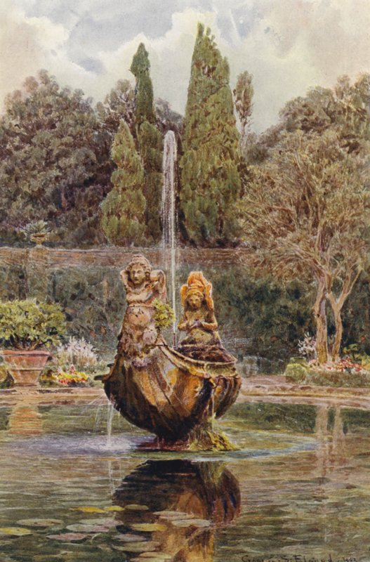 Olasz kertek: Villa Aldobrandini, szökőkút a parterre-ben (színes litográfia) alkotó: George Samuel Elgood