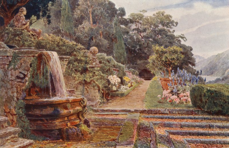 Olasz kertek: Villa Cicogna, a vízesés alatt (színes litográfia) alkotó: George Samuel Elgood