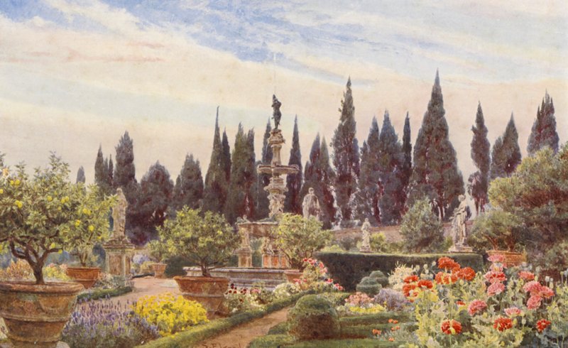 Olasz kertek: Villa Reale di Castello (színes litográfia) alkotó: George Samuel Elgood