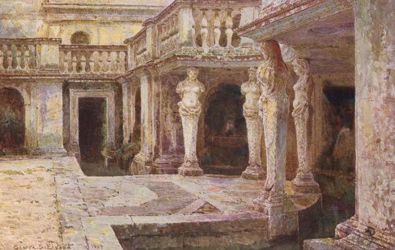 Olasz kertek: Villa di Papa Giulio (színes litográfia) alkotó: George Samuel Elgood