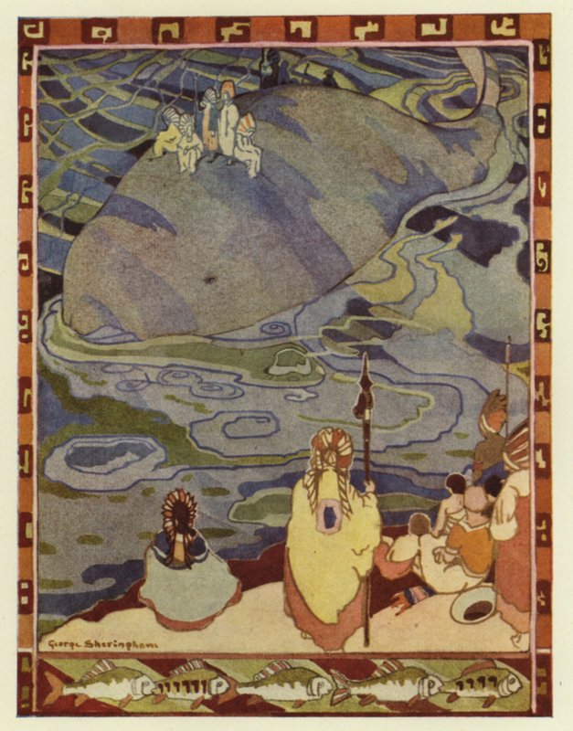Glooskap összegyűjtötte népét a parton, és megparancsolta a bálnáknak, hogy vigyék őket régi otthonukba (színes litho) alkotó: George Sheringham