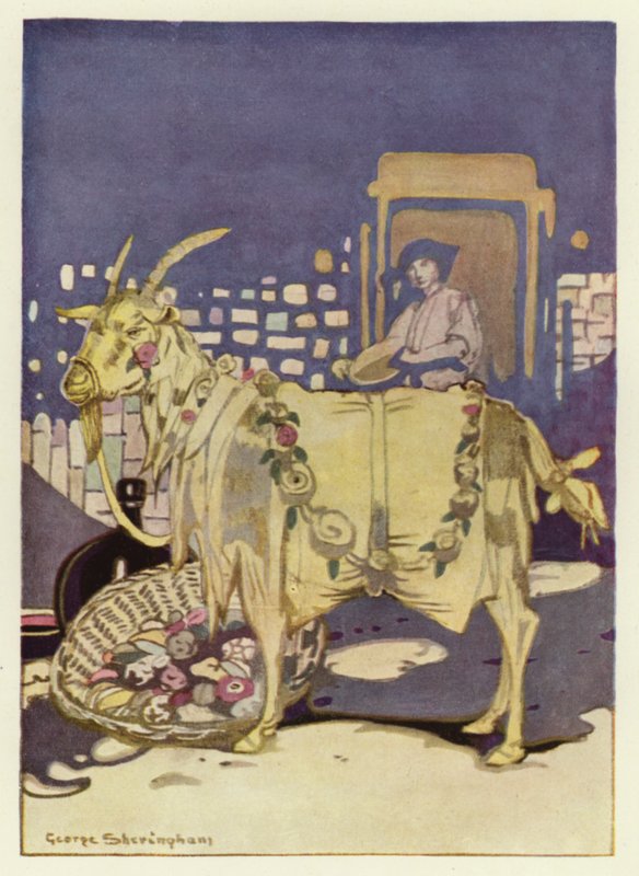 Nagy mennyiségű élelmet vásárolt, kosárba tette, és az állatkertbe vitte (színes litho) alkotó: George Sheringham