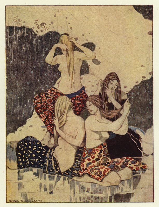 Négy gyönyörű leányzót látott a jégen ülve, haját fonva (színes litho) alkotó: George Sheringham