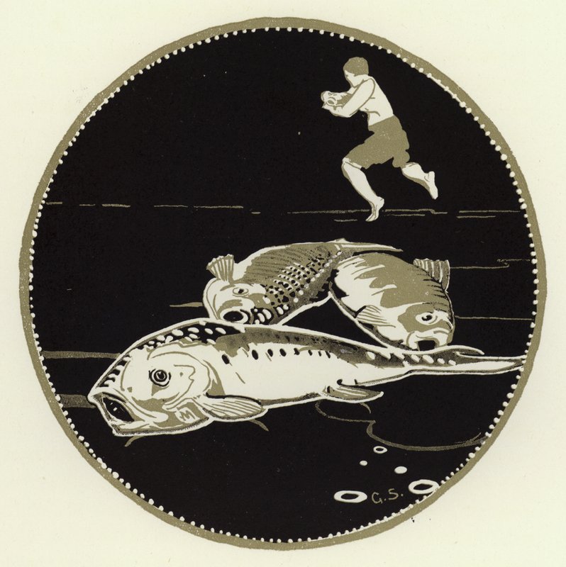 Négy nagy halat látott a jégen heverni (színes litho) alkotó: George Sheringham