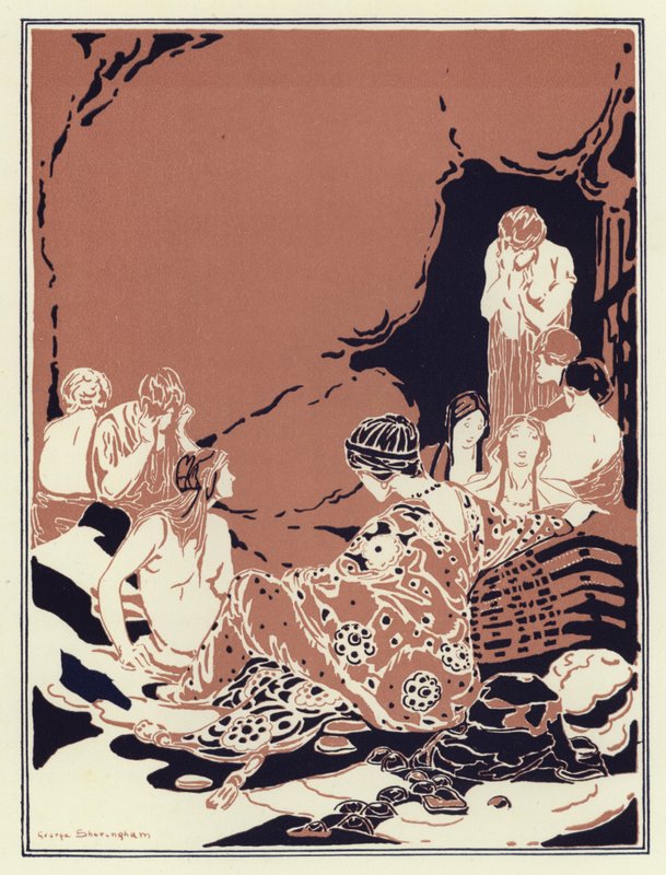 Sok nő ült körben, szomorúan és sírva (színes litho) alkotó: George Sheringham