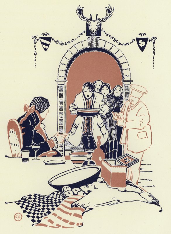 "Ó, seigneur, te parancsoltál egy "Tiens-bon-lának", és hoztam neked egyet" (színes litho) alkotó: George Sheringham