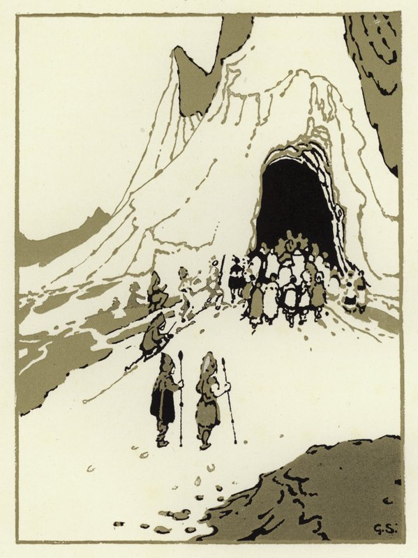 Az emberek elindultak megkeresni az óriásokat, hamarosan megérkeztek a barlangjukhoz (színes litho) alkotó: George Sheringham