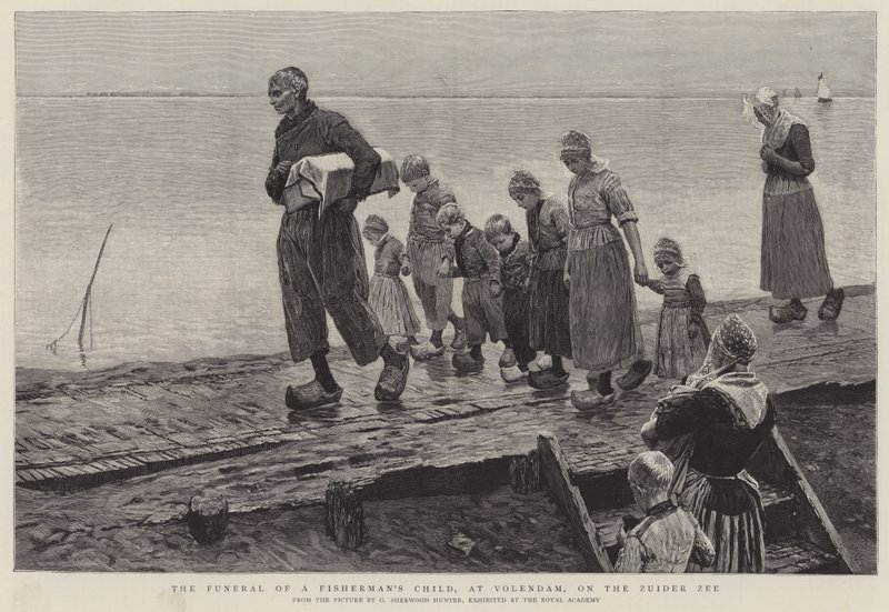 Egy halász gyermek temetése Volendamban, a Zuider Ze-n alkotó: George Sherwood Hunter