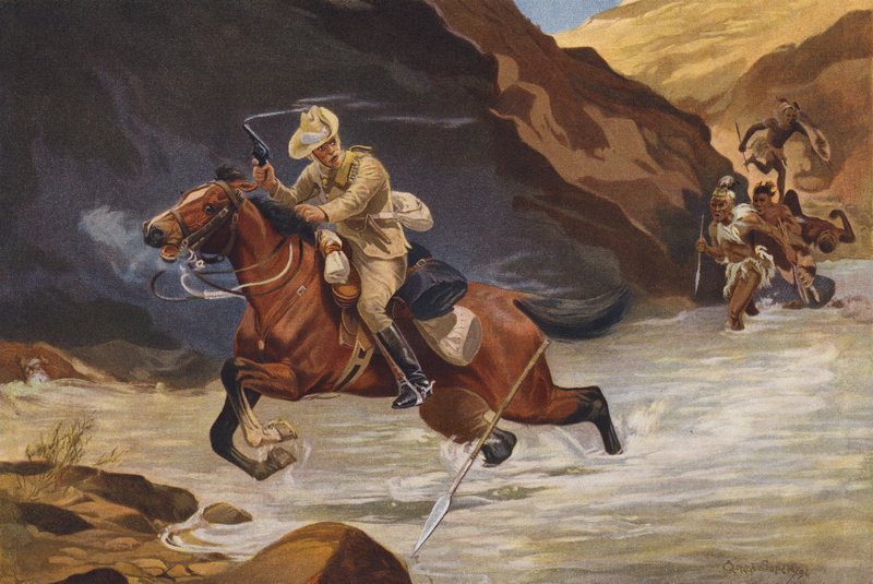 Az afrikai harcosok megtámadják a lovast (színes litho) alkotó: George Soper
