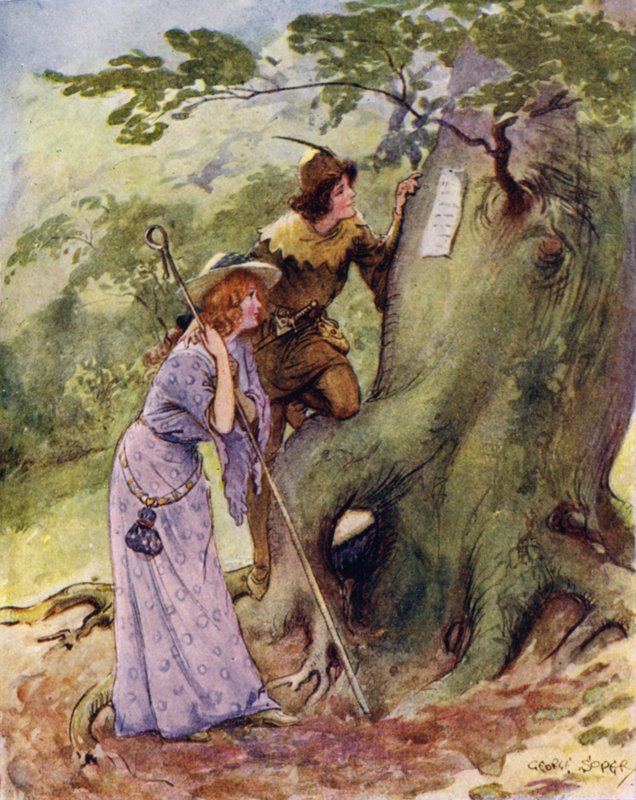 Ganymedes és Aliena furcsán meglepődtek, amikor Rosalind nevét találták a fákra vésve? alkotó: George Soper