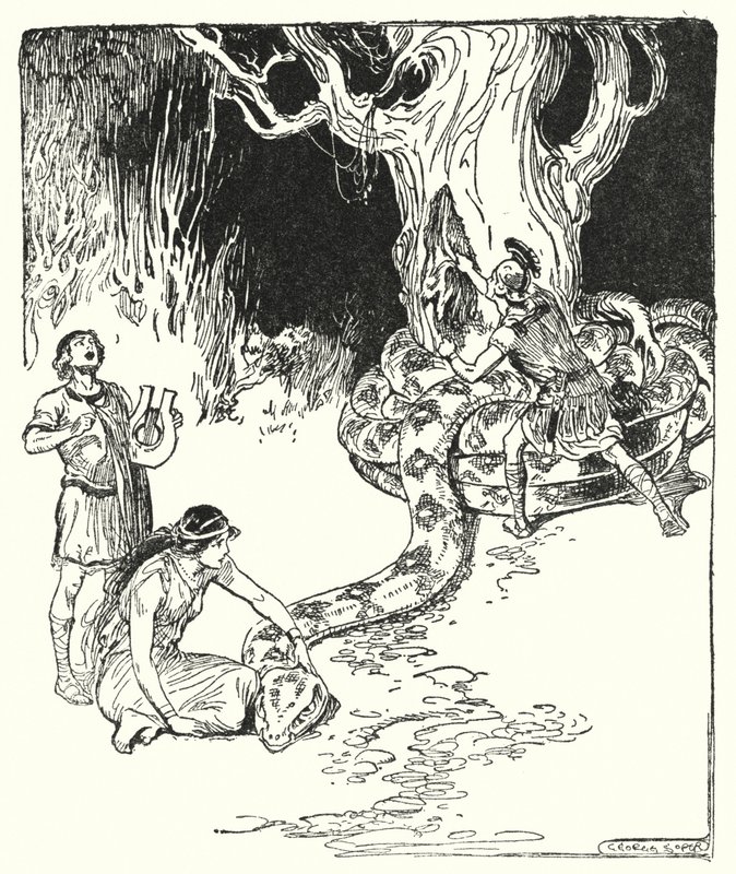 Jászon és az argonauták: "Ezután Jason óvatosan előugrott, és letépte a gyapjút a fa törzséről" (litho) alkotó: George Soper