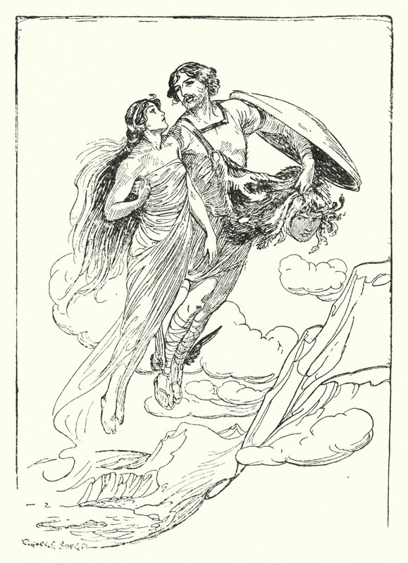 Perseus: "Perseus a karjába emelte szép Andromédáját, és a szikla tetejére menekült vele" (litho) alkotó: George Soper