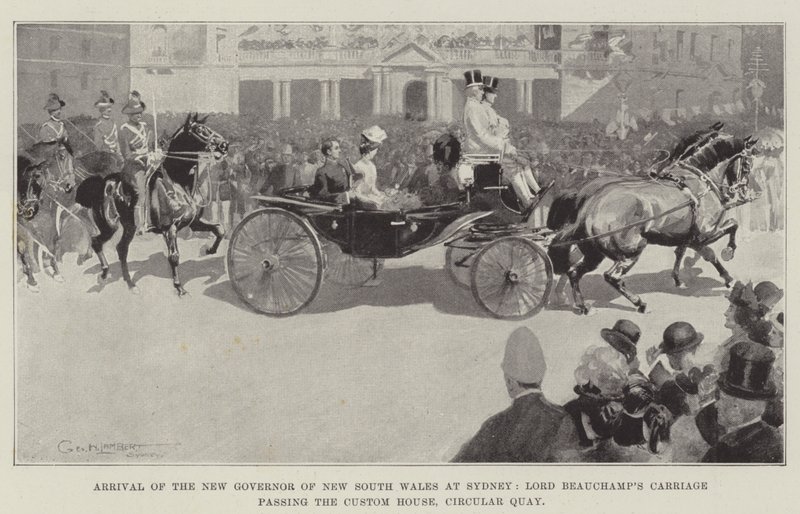 Új-Dél-Wales új kormányzójának megérkezése Sydney-be, Lord Beauchamp kocsija elhalad a vámház mellett, Circular Quay alkotó: George Washington Lambert