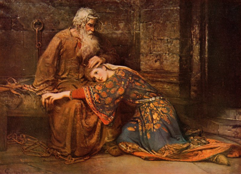 Shakespeare: Cordelia vigasztalja Lear királyt a börtönben, Lear király, V. felvonás, 3. jelenet (színes litó) alkotó: George William (after) Joy