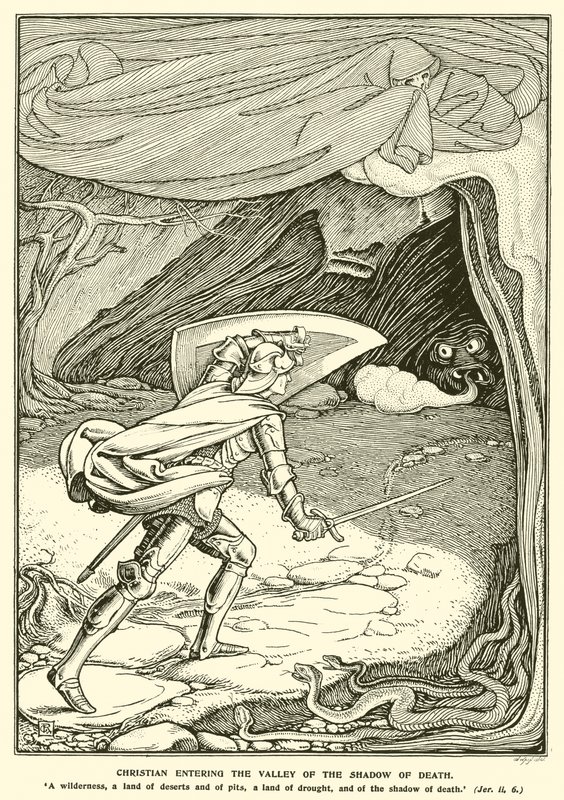 Christian belép a halál árnyékának völgyébe (metszet) alkotó: George Woolliscroft Rhead