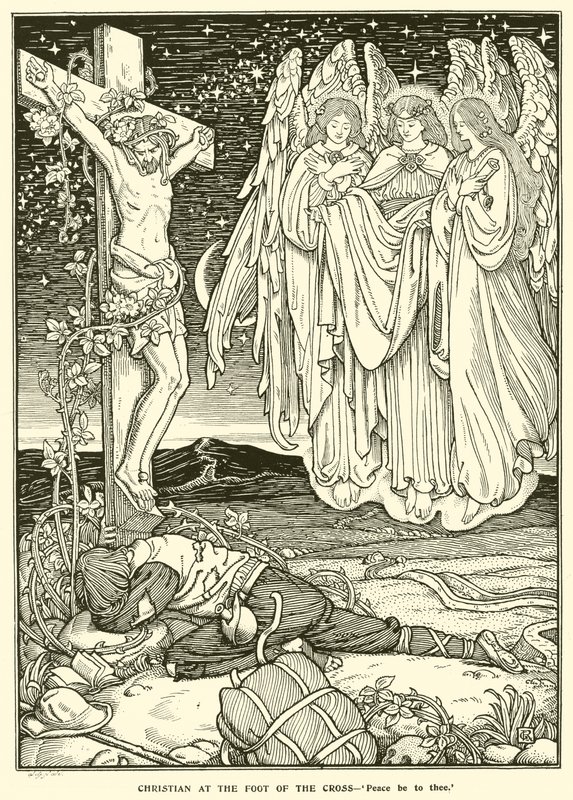 Keresztény a kereszt lábánál (metszet) alkotó: George Woolliscroft Rhead