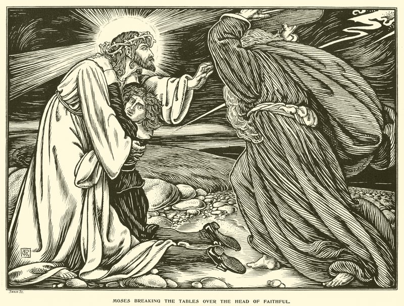 Mózes az asztalokat töri a hűséges feje fölött (metszet) alkotó: George Woolliscroft Rhead