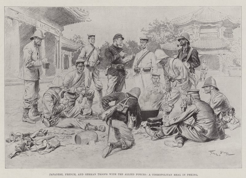 Japán, francia és német csapatok a szövetséges erőkkel, kozmopolita étkezés Pekingben alkotó: Georges Bertin Scott