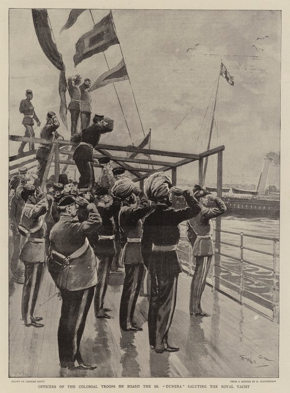 A gyarmati csapatok tisztjei az SS Dunera fedélzetén tisztelegnek a királyi jacht előtt. alkotó: Georges Bertin Scott