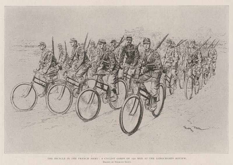 A kerékpár a francia hadseregben, egy 150 fős kerékpáros hadtest a Longchamps Review-n alkotó: Georges Bertin Scott