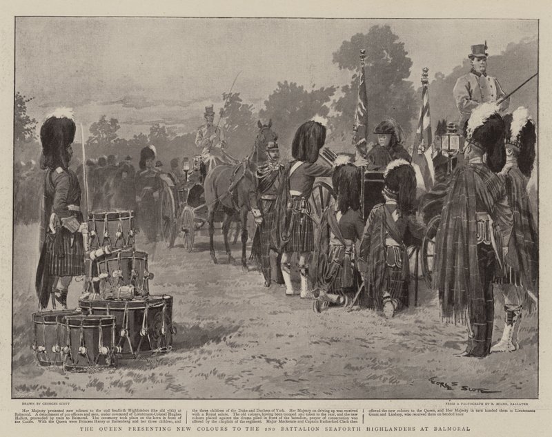 A királynő új színeket mutat be a Seaforth Highlanders 2. zászlóaljnak Balmoralban alkotó: Georges Bertin Scott