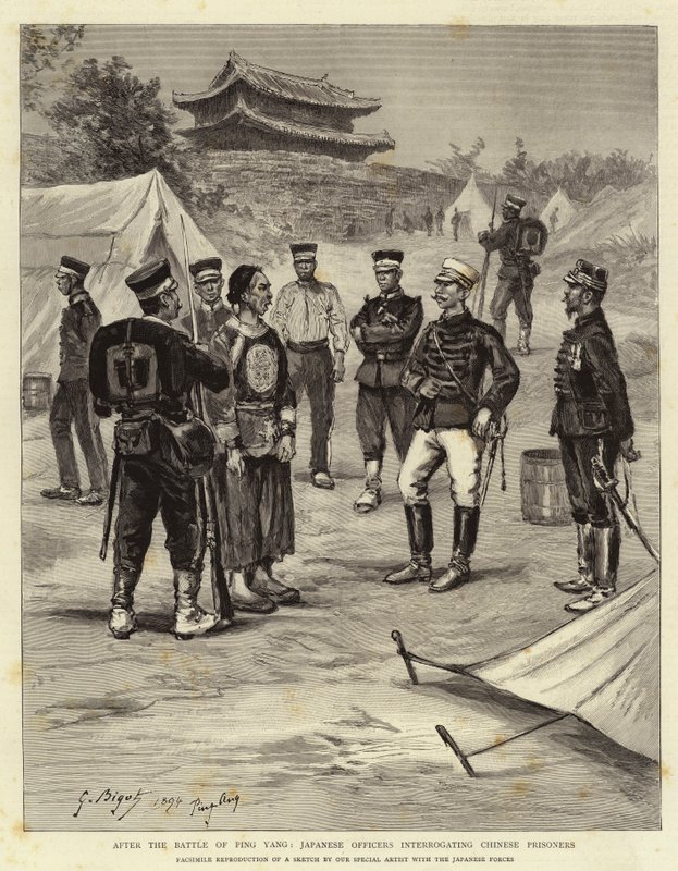 A Ping Yang-i csata után japán tisztek kínai foglyokat vallattak alkotó: Georges Ferdinand Bigot