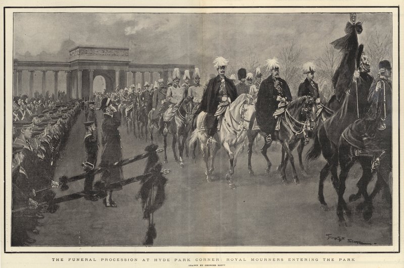 A temetési menet a Hyde Park Cornernél, a királyi gyászolók belépnek a parkba alkotó: Georges Bertin Scott