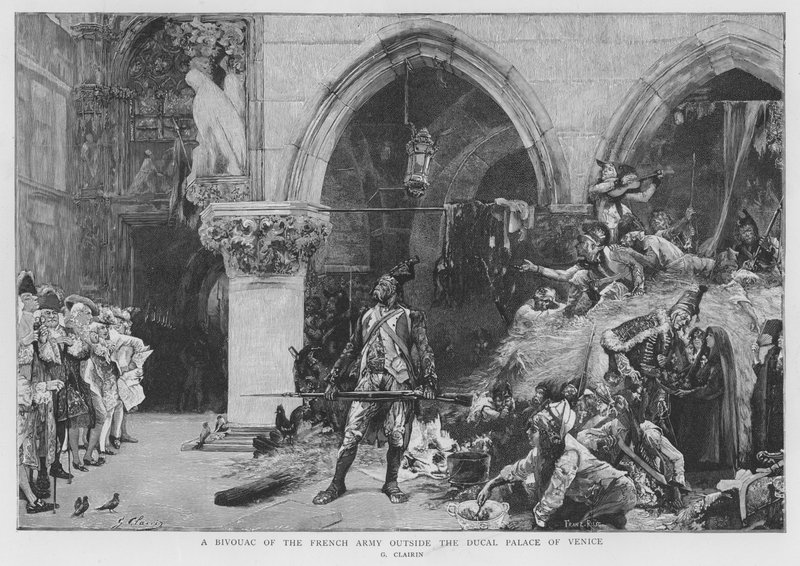 Francia katonák táboroztak a velencei Dózse-palota előtt, a francia függetlenségi háborúkban alkotó: Georges Clairin