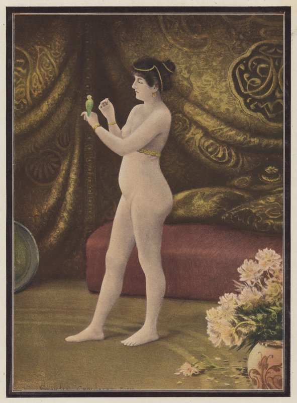 A kedvenc nő házimadárral (színes litho) alkotó: Georges Croegaert