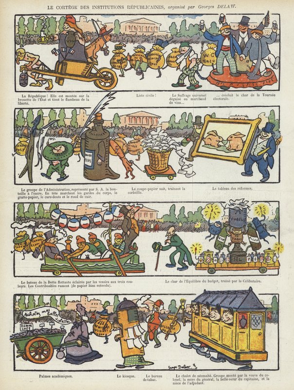 A köztársasági intézmények felvonulása. Illusztráció Le Rire alkotó: Georges Delaw