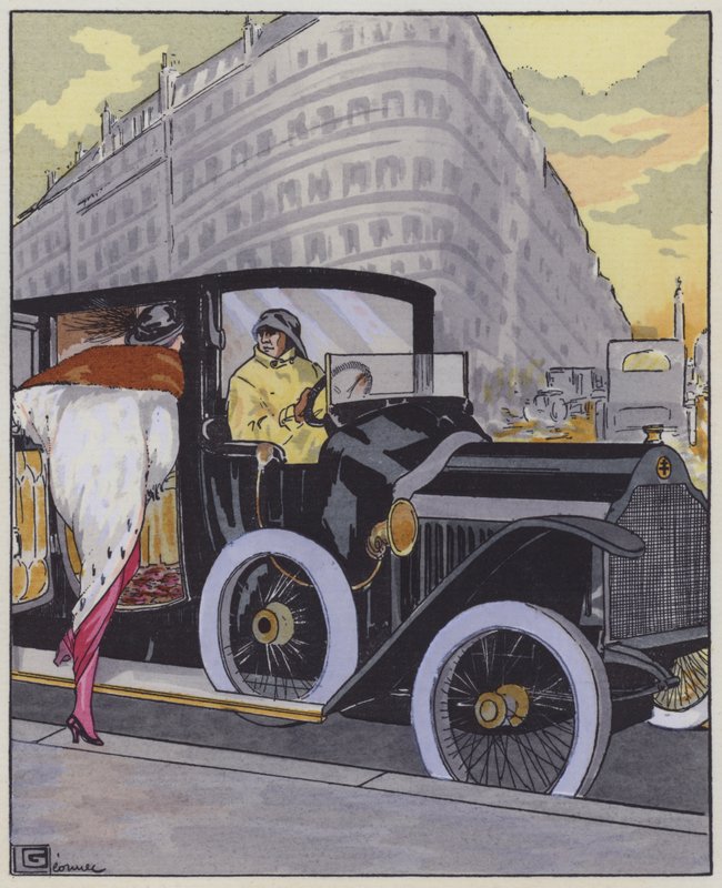 Női divat az 1910-es évekből és egy Lorraine-Dietrich autó. (színes litó) alkotó: Georges Leonnec