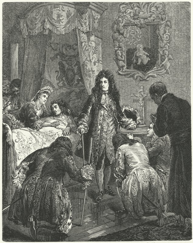 XIV. Lajos francia meglátogatja II. angol Jakabot halálos ágyán, 1701 alkotó: German School