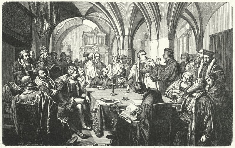 Vallási vita Martin Luther és Huldrych Zwingli között a marburgi kollokviában, 1529 alkotó: German School