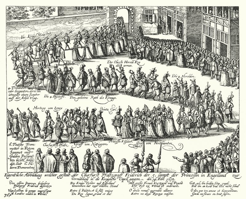 V. Frigyes nádor választófejedelem és Stuart Erzsébet, I. Jakab angol király lánya esküvői körmenete, London, 1613 alkotó: German School