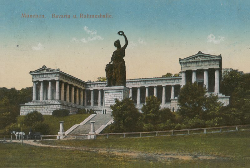Bavaria szobor és Ruhmeshalle, München. 1913-ban küldött képeslap. alkotó: German Photographer
