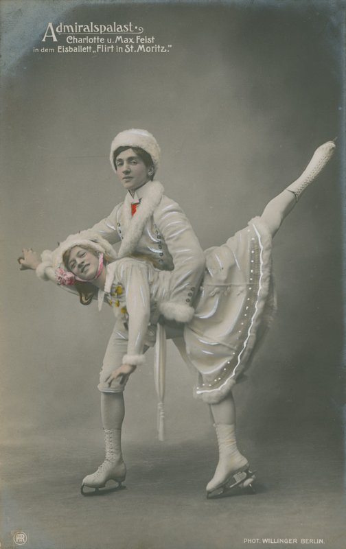 Képeslap korcsolyázókról, 1913-ban küldték (kézzel színezett fénykép) alkotó: German Photographer