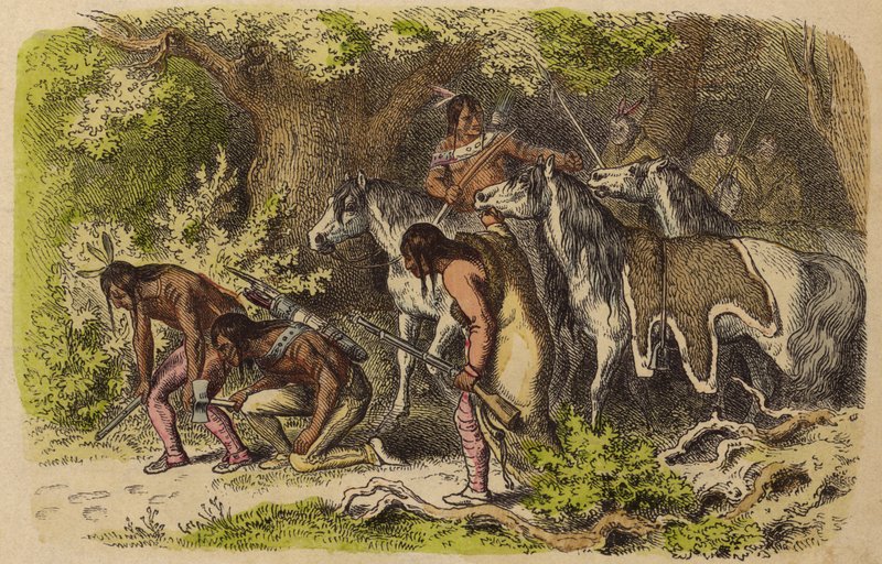 Egy indián háborús párt ellenségeiket követve (színes metszet) alkotó: German School