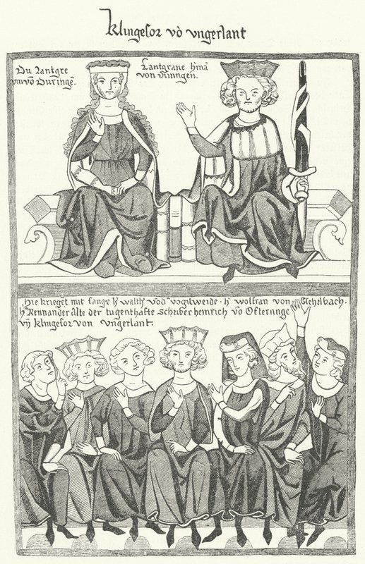 A Sangerkrieg ábrázolása, az 1207-ben a türingiai Wartburg kastélyban zajló lelkészek versengése a Codex Manesse-ből (metszet) alkotó: German School