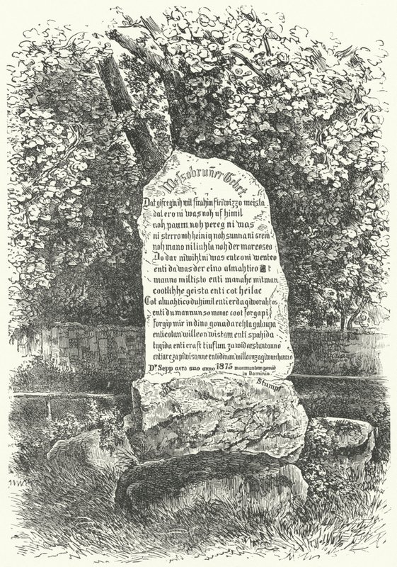 Egy kőtábla, amely a Wessobrunni imádságot ábrázolja (metszet) alkotó: German School