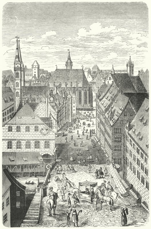 Egy utca Nürnbergben a 15. században (metszet) alkotó: German School