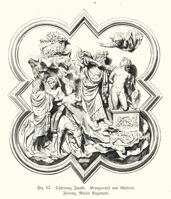 Ábrahám feláldozza fiát, Izsákot áldozatul, Lorenzo Ghiberti bronz domborműve (metszet) alkotó: German School