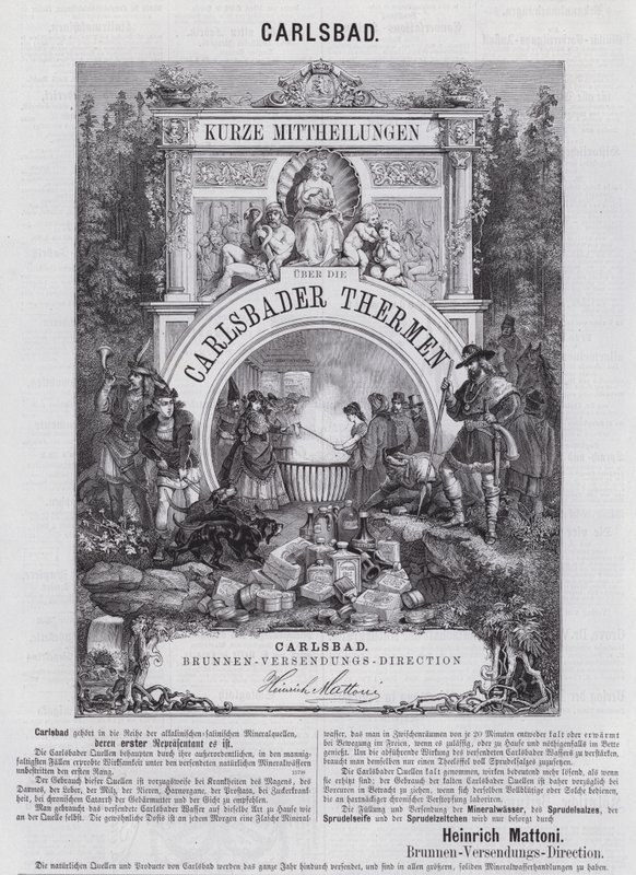 Mattoni ásványvíz és egyéb termékek reklámozása a csehországi Carlsbadban (Karlovy Vary), Csehországban (metszet) alkotó: German School